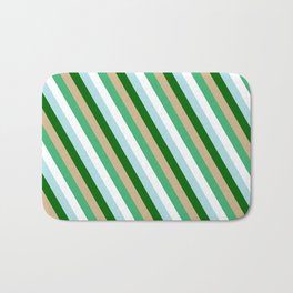 [ Thumbnail: Eye-catching Tan, Sea Green, White, Powder Blue, and Dark Green Colored Pattern of Stripes Bath Mat ]