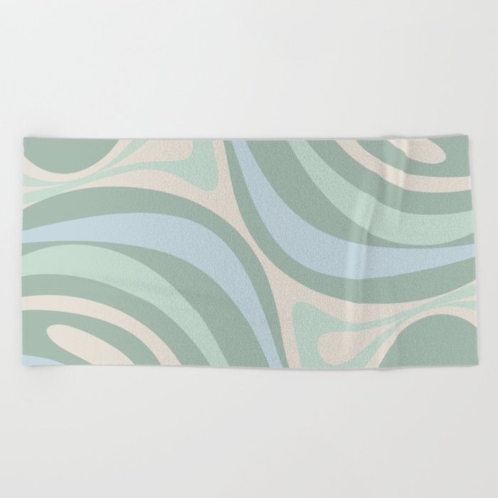 New Groove Retro Swirl Abstract Pattern in Baby Blue, Light Sage Mint Green, and Cream Beach Towel