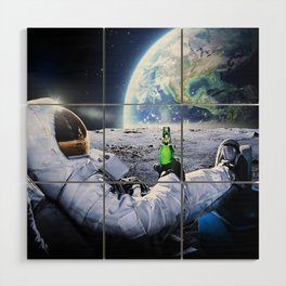 Astronaut on the Moon with beer Wood Wall Art