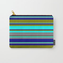 [ Thumbnail: Green, Cyan, Grey, and Dark Blue Colored Striped Pattern Carry-All Pouch ]