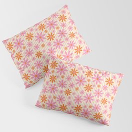  Retro 70s Groovy Daisy Pattern with Stripes, Hot Orange and Pink Pillow Sham