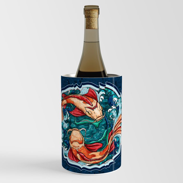 Japanese koi fish painting, koi fish couple in waves Wine Chiller