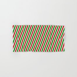 [ Thumbnail: Christmas-Inspired Red, White, and Green Colored Pattern of Stripes Hand & Bath Towel ]