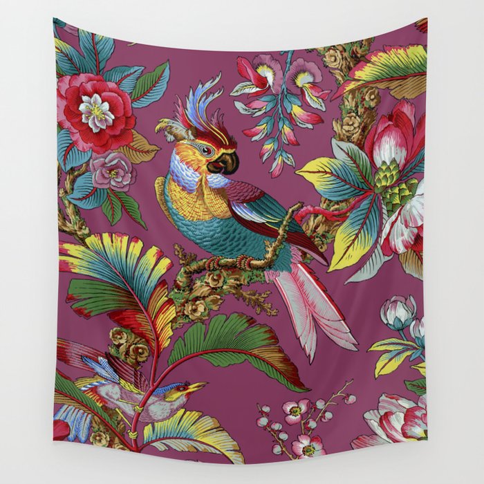 Tropical Birds on Purple, French Floral Chinoiserie Pattern from 1905 Wall Tapestry