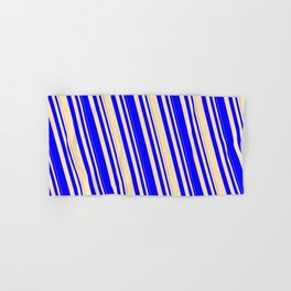 [ Thumbnail: Blue & Beige Colored Striped Pattern Hand & Bath Towel ]