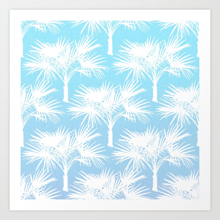 70’s Sky Blue Ombre Tropical Palm Trees Summer California Florida Botanical Silhouette Pattern Art Print