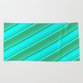 [ Thumbnail: Sea Green and Aqua Colored Lined Pattern Beach Towel ]