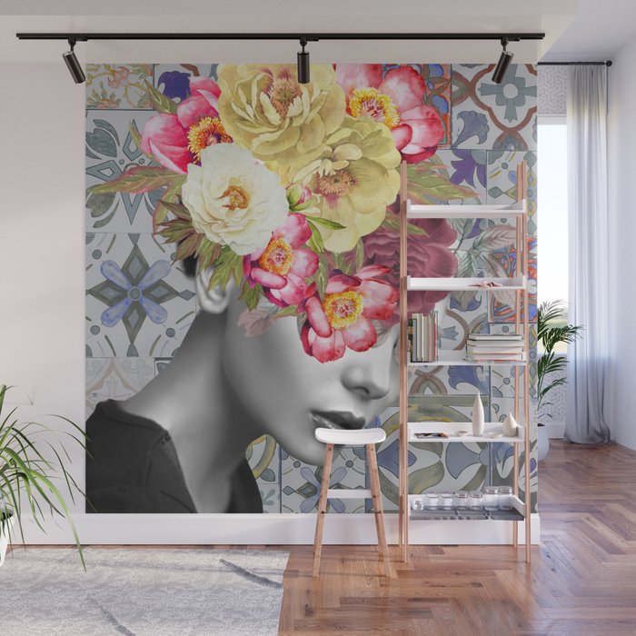 collage art-girl with flowers Wall Mural