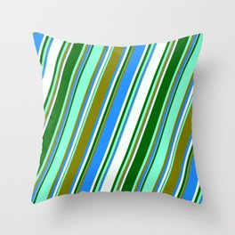 [ Thumbnail: Aquamarine, Green, Blue, Mint Cream, and Dark Green Colored Lined/Striped Pattern Throw Pillow ]