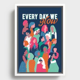 Every day we glow International Women's Day // midnight navy blue background green curious blue cerise pink and orange copper humans  Framed Canvas