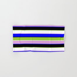 [ Thumbnail: Eyecatching Plum, Blue, Black, Green, and White Colored Striped/Lined Pattern Hand & Bath Towel ]