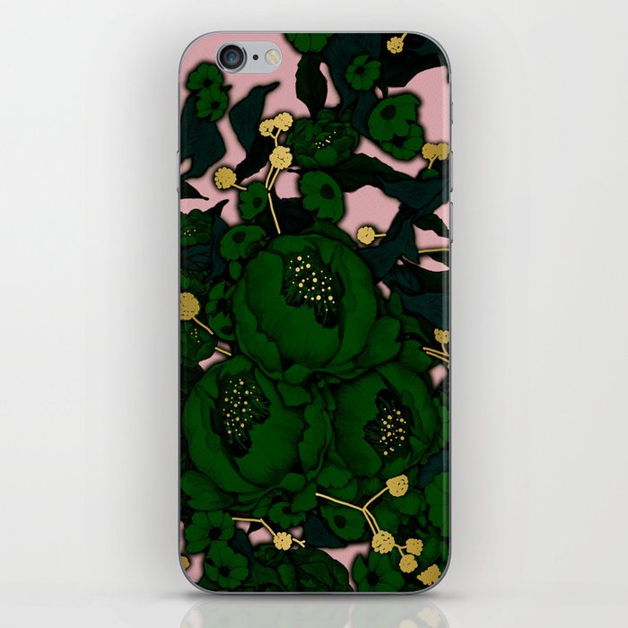 Green Pink and Gold Peony Flowers iPhone Skin