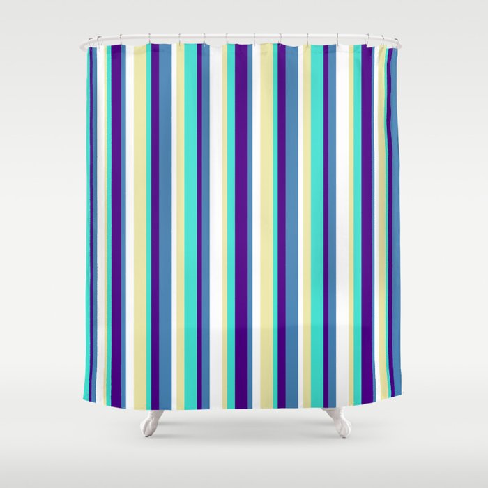 Eye-catching Turquoise, Indigo, Blue, White, and Pale Goldenrod Colored Lines Pattern Shower Curtain
