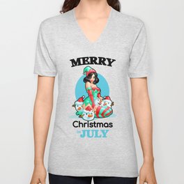Merry Christmas in July Summer design with print Beautiful girl in pin-up style V Neck T Shirt