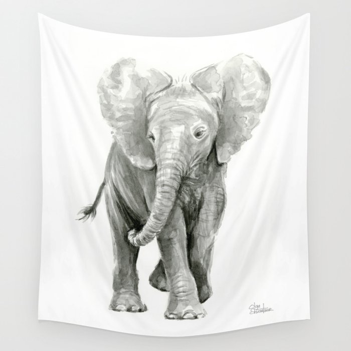 Baby Elephant Watercolor Wall Tapestry