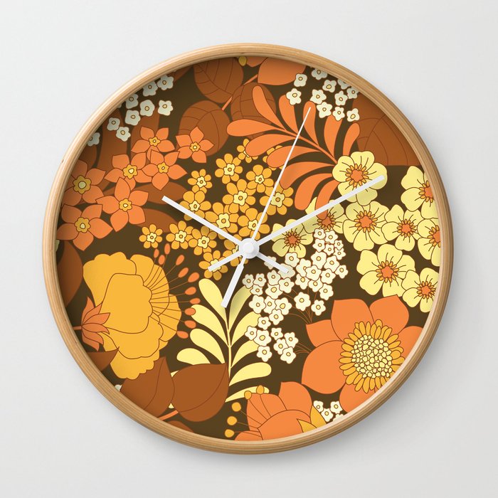 Brown, Yellow, Orange & Ivory Retro Flowers Wall Clock