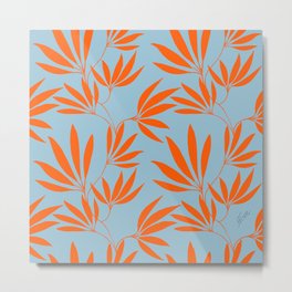 Electric tangerine jungle on blue Metal Print | Blue, Leaves, Floral, Palm, Tangerine, Tropical, Drawing, Orange, Pattern, Digital 