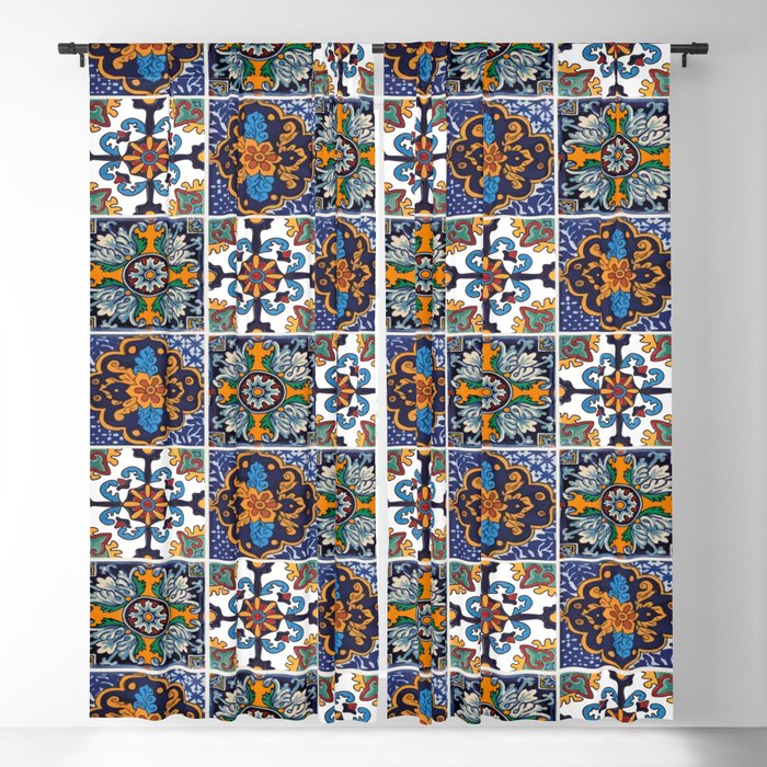 Mexican talavera tiles set baroque mosaic mandala azulejo boho chic baldosa navy blue Blackout Curtain
