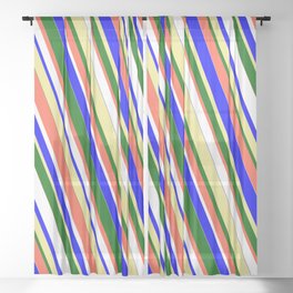 [ Thumbnail: Vibrant Blue, Tan, Dark Green, Red, and White Colored Stripes/Lines Pattern Sheer Curtain ]