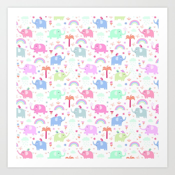 Pink blue neo mint rainbow elephant floral pattern Art Print