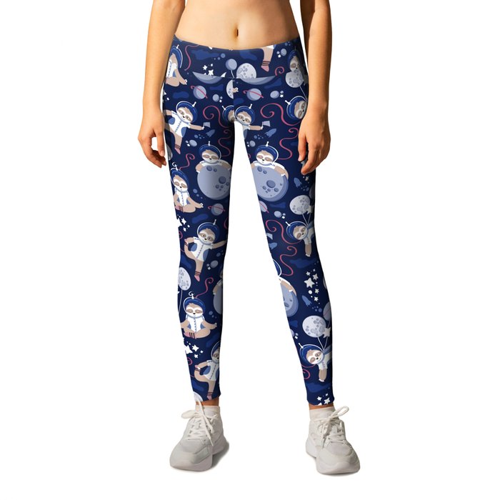 Best Space To Be // navy blue background indigo moons and cute astronauts sloths Leggings
