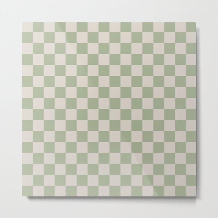 Checkerboard Check Checkered Pattern in Sage Green and Beige Metal Print