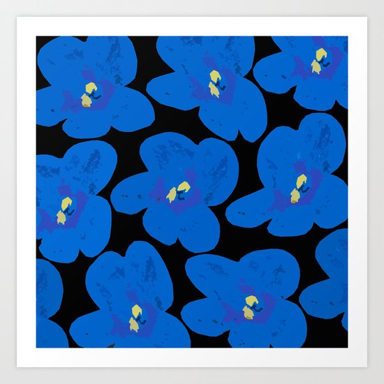 Blue Retro Flowers on Black Background Art Print