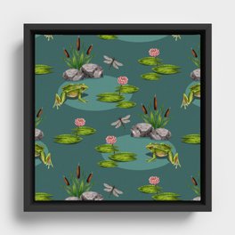 Frogs in Pond With Dragonflies & Lily Pads Framed Canvas