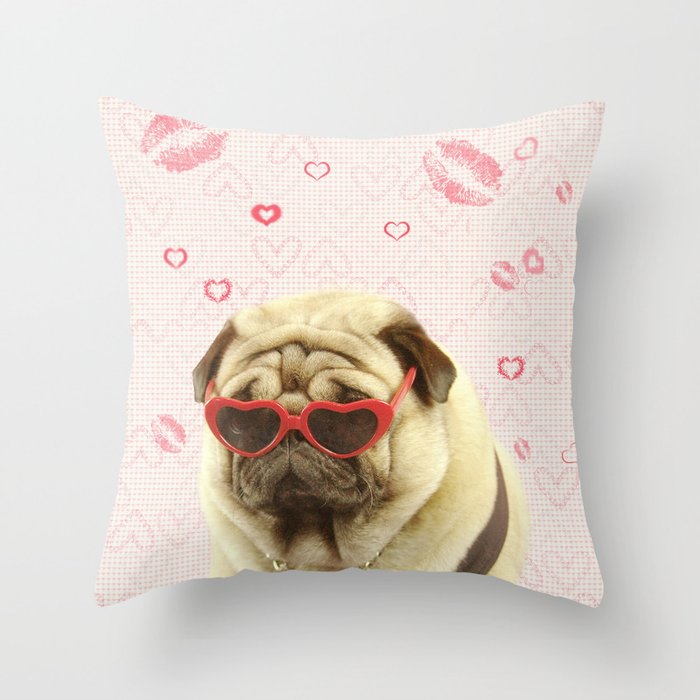 Pug face sunglasses,pugs and kisses Throw Pillow