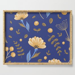 pattern with orange flowers, berries, branches on a dark blue background Serving Tray
