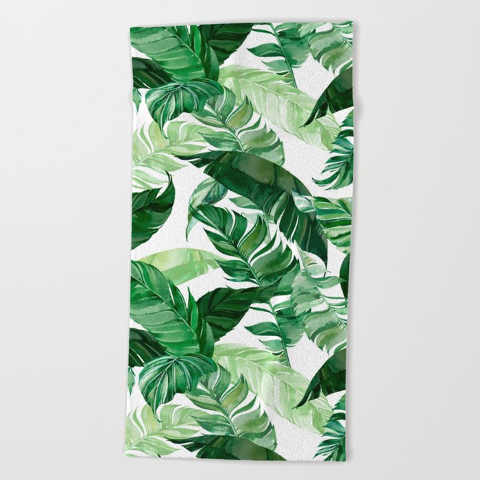 Green leaf watercolor pattern Beach Towel