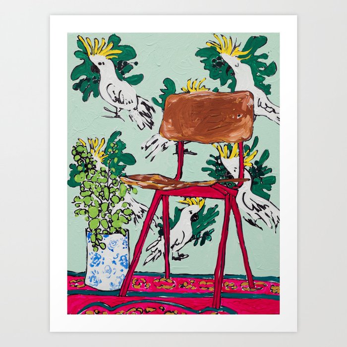 School Chair and Mint Cockatoo Wallpaper Art Print