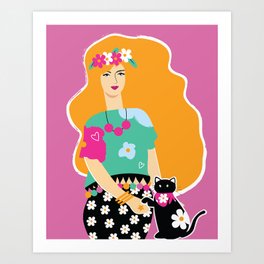 Cat Lady Digital Drawing, Woman And Kitty Pink Background Illustration Art Print | Flowers Hair, Fashion Character, Funny Animal, Pink Art Bakcground, Cat Mom, Retro 1970S, Cute Pet, 70S Fashion Girl, Girl Empowerment, Black Kitten 