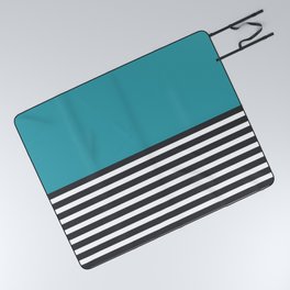 Half Striped Gray - Solid Turquoise Picnic Blanket