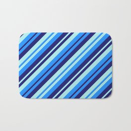 [ Thumbnail: Blue, Midnight Blue, and Turquoise Colored Lined/Striped Pattern Bath Mat ]