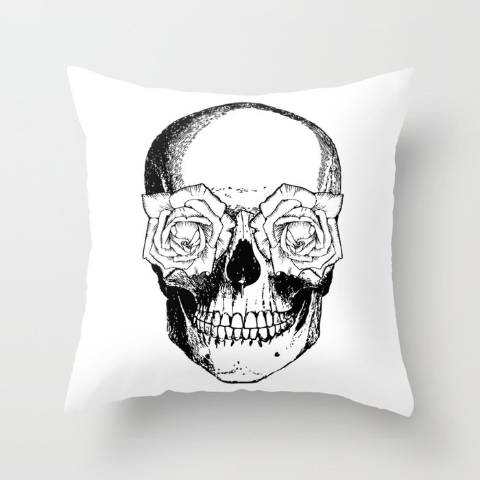Skull and Roses | Skull and Flowers | Vintage Skull | Black and White | Throw Pillow