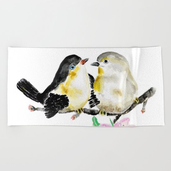 birds and apple flower blossom Beach Towel