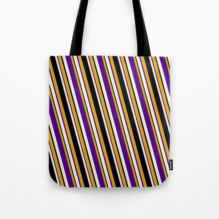 Goldenrod, Indigo, Beige & Black Colored Pattern of Stripes Tote Bag