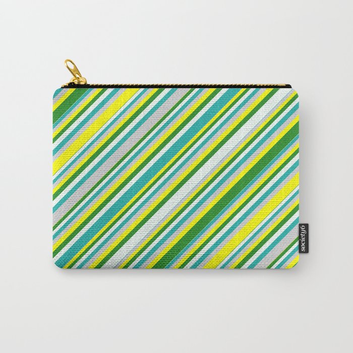 Eyecatching Yellow, Forest Green, Mint Cream, Light Sea Green, and Light Grey Colored Lined Pattern Carry-All Pouch