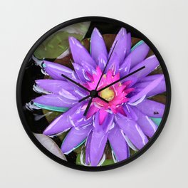 Purple turquoise aquatic waterlily lotus flower in full bloom water in Thailand Wall Clock