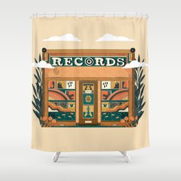 Retro Record/ Vinyl Shop in the clouds Illustration Art Print  Shower Curtain