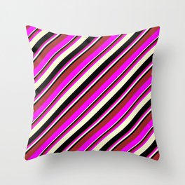 [ Thumbnail: Brown, Fuchsia, Light Yellow, and Black Colored Lines Pattern Throw Pillow ]