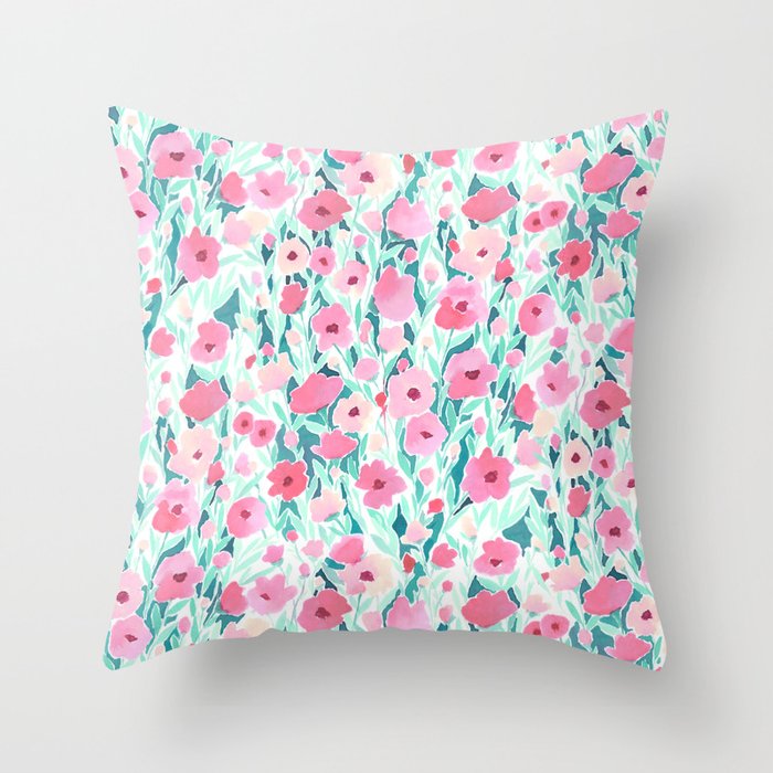 Flower Field Pink Mint Throw Pillow