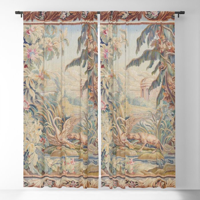 Antique 19th Century French Aubusson Landscape Tapestry with Swan Blackout Curtain