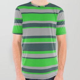 [ Thumbnail: Dark Slate Gray, Lime Green & Dark Gray Colored Stripes Pattern All Over Graphic Tee ]