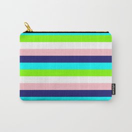 [ Thumbnail: Pink, Midnight Blue, Cyan, Chartreuse, and White Colored Lined/Striped Pattern Carry-All Pouch ]