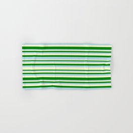 [ Thumbnail: Light Yellow, Green, and Light Blue Colored Lined/Striped Pattern Hand & Bath Towel ]