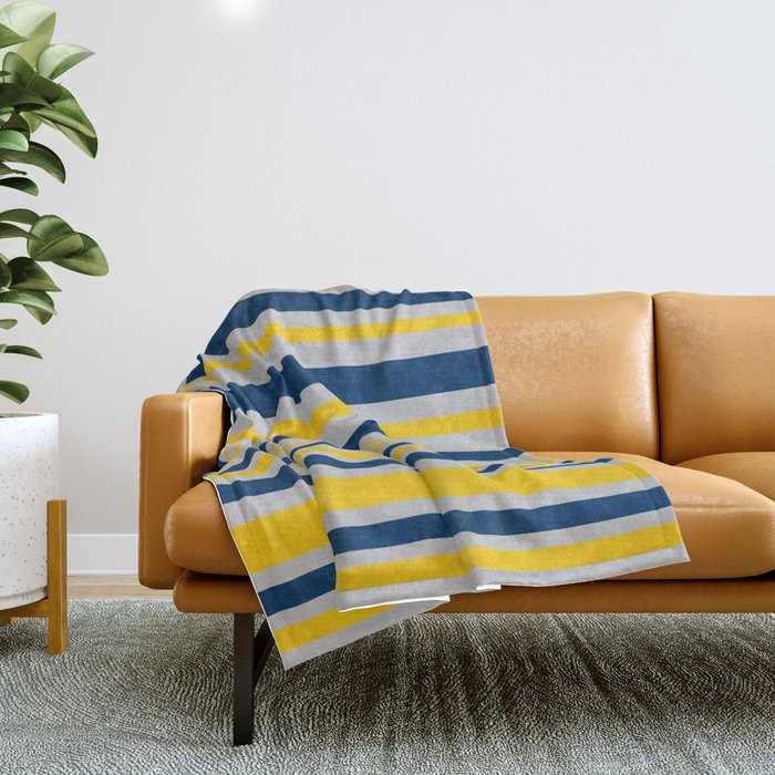 Variable Stripes in Mustard Yellow, Silver Gray, and Navy Blue Throw Blanket