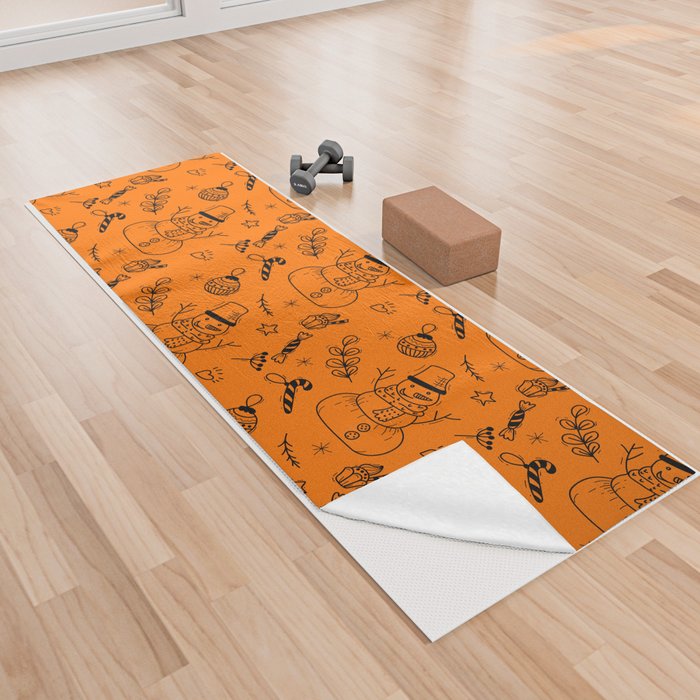 Orange and Black Christmas Snowman Doodle Pattern Yoga Towel