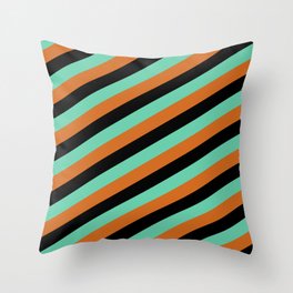 [ Thumbnail: Black, Aquamarine, and Chocolate Colored Pattern of Stripes Throw Pillow ]